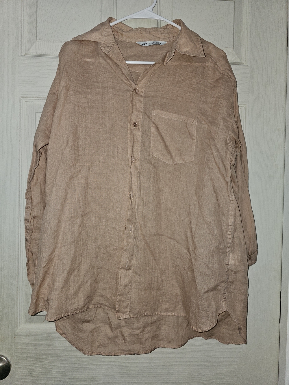 Zara Beige Linen-Blend Button-Up Shirt Jacket